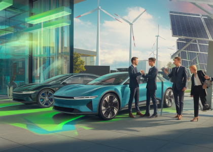 Illustration vibrante de la transition énergétique et des concessionnaires influençant l'adoption des véhicules électriques