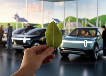 Une scène illustrant les défis du développement durable avec un focus sur les concessionnaires et les véhicules électriques.