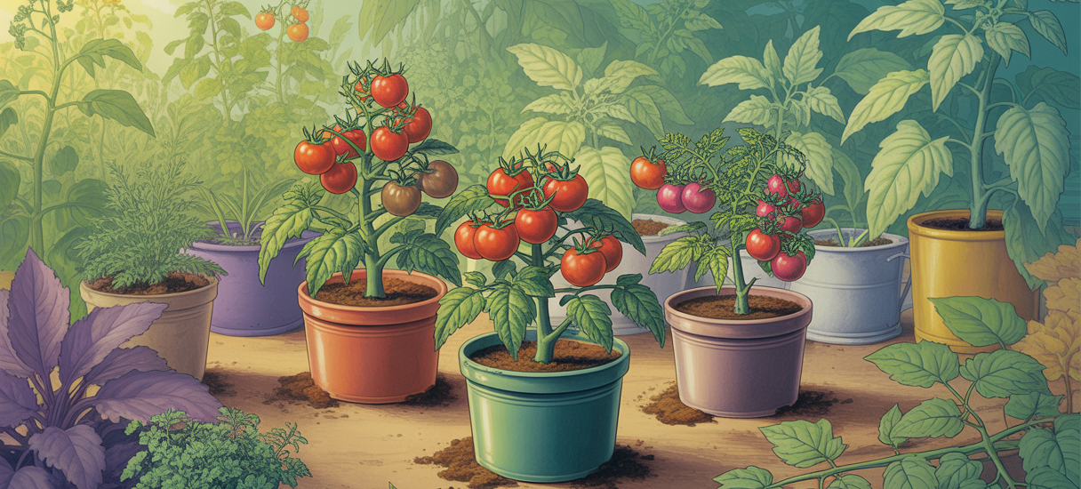 Illustration de tomates cultivées en pots utilisant des méthodes écologiques et de permaculture.