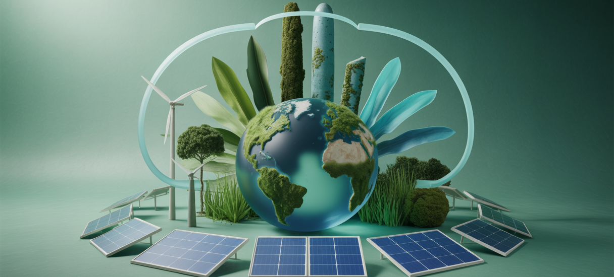 Illustration impressionnante sur l'écologie en 2025 avec des éléments de transitions environnementales et défis climatiques