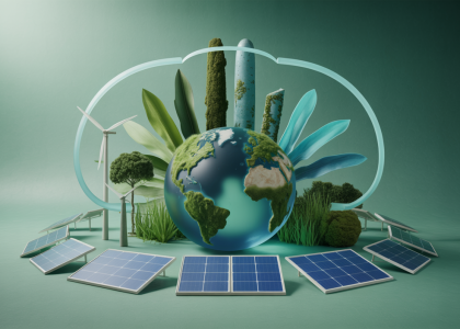 Illustration impressionnante sur l'écologie en 2025 avec des éléments de transitions environnementales et défis climatiques