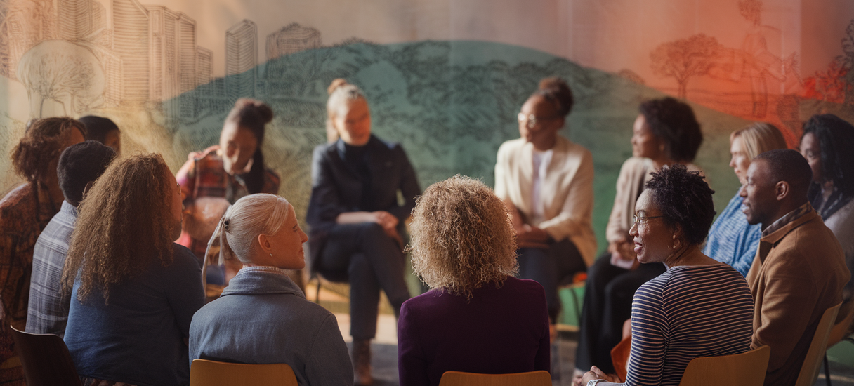 Un groupe de personnes discutant des enjeux écologiques dans un cadre naturel
