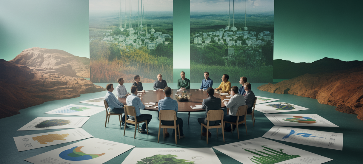 Experts discutant de l'environnement dans un cadre symbolique