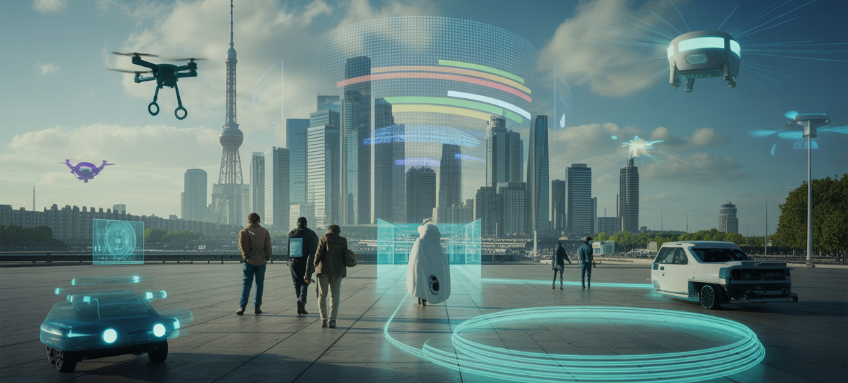 Illustration futuriste de la société en 2025 influencée par l'intelligence artificielle