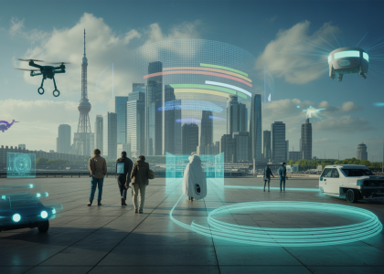 Illustration futuriste de la société en 2025 influencée par l'intelligence artificielle