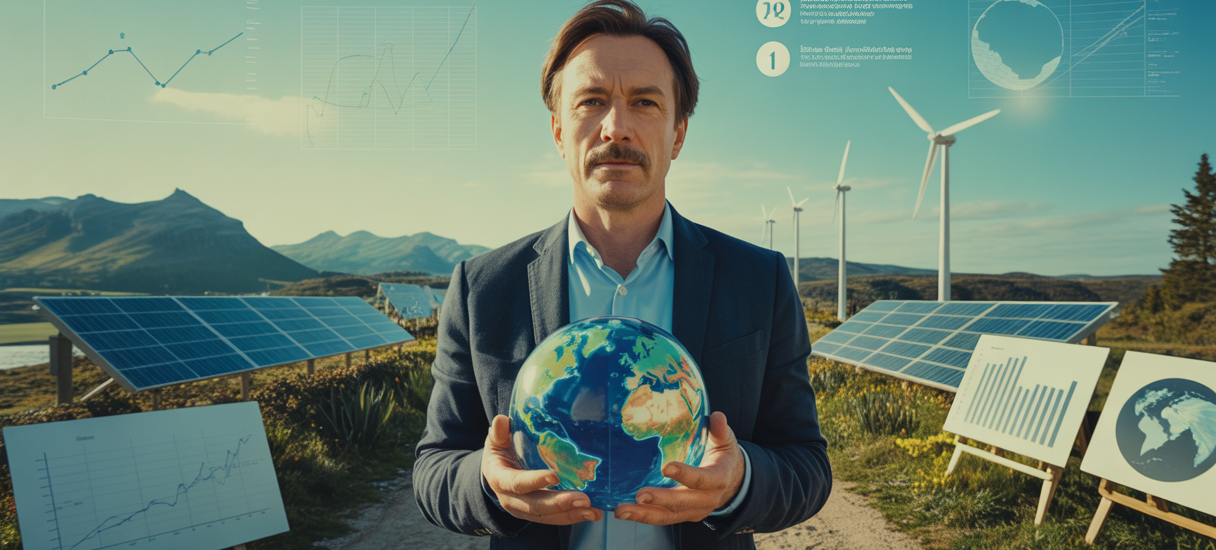 Illustration vibrant depicting Jean-Marc Jancovici influencing climate and energy debates