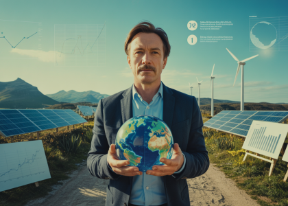 Illustration vibrant depicting Jean-Marc Jancovici influencing climate and energy debates