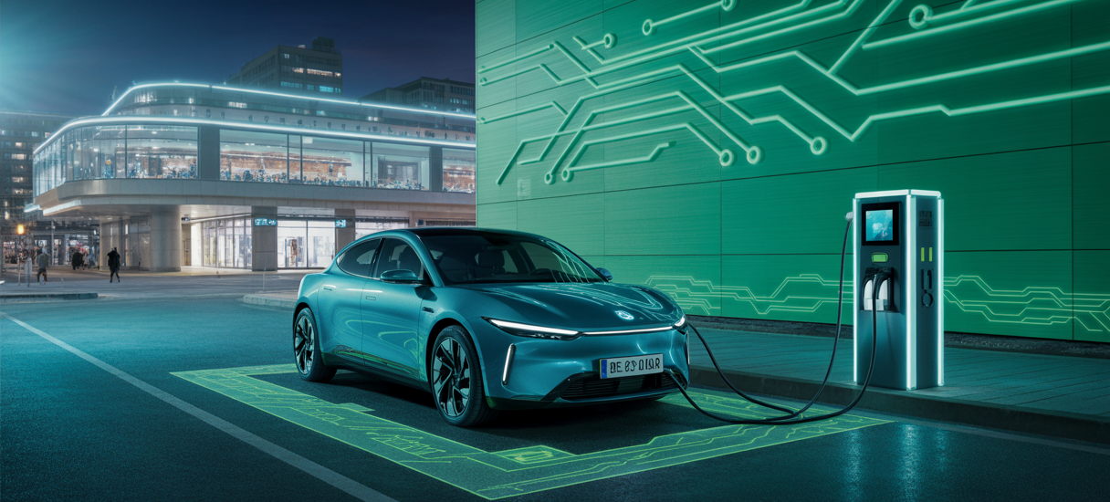 Une voiture électrique en charge avec un éclairage futuriste