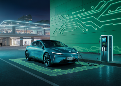 Une voiture électrique en charge avec un éclairage futuriste