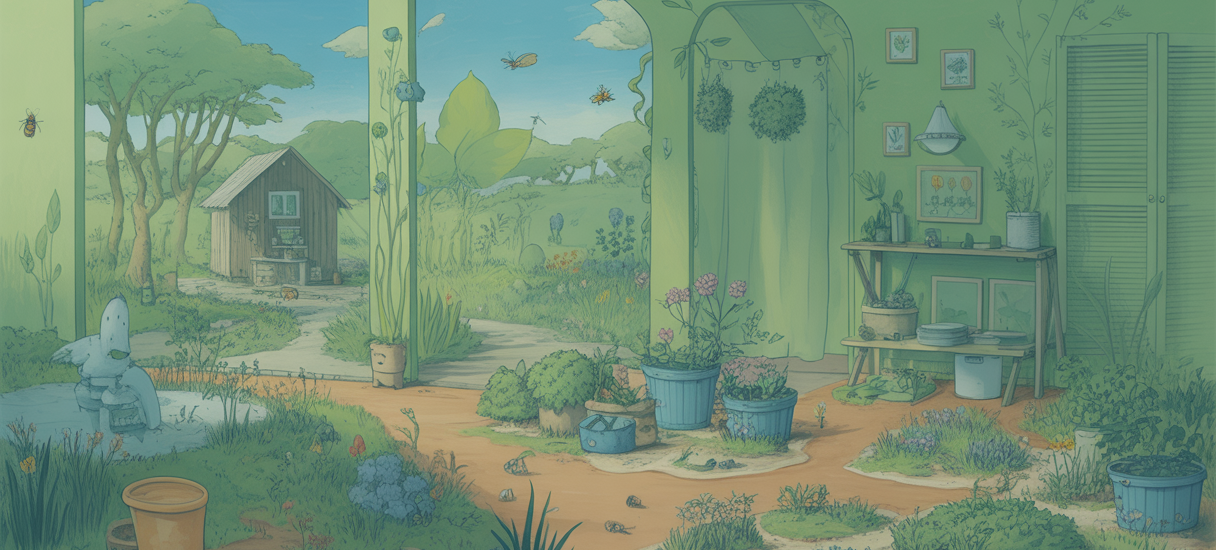 Illustration d'un jardin en permaculture vibrant de biodiversité
