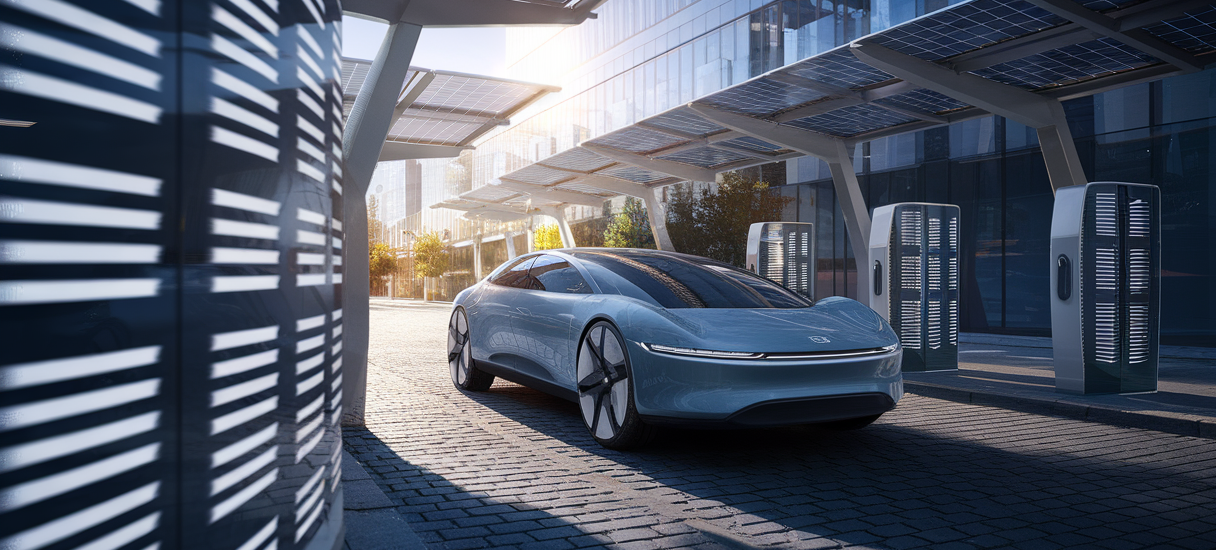 Voiture électrique de 2025 explorant des avancées technologiques dans un futur urbain