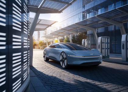 Voiture électrique de 2025 explorant des avancées technologiques dans un futur urbain
