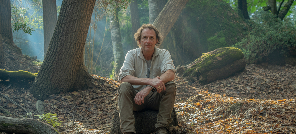 Hervé Covès expliquant la résilience écologique de la forêt de la Massane, avec un paysage dense de hêtres anciens et une végétation variée en arrière-plan