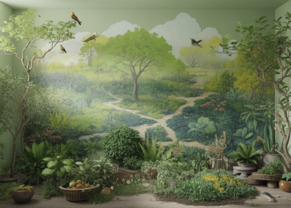 Paysage d'un jardin-forêt luxuriant inspiré par la permaculture