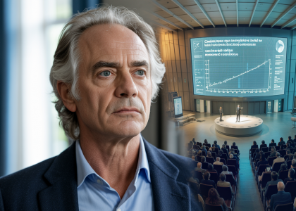 Portrait de Jean-Marc Jancovici en conférence, expert en énergie et climat, expliquant les enjeux du changement climatique et la transition énergétique
