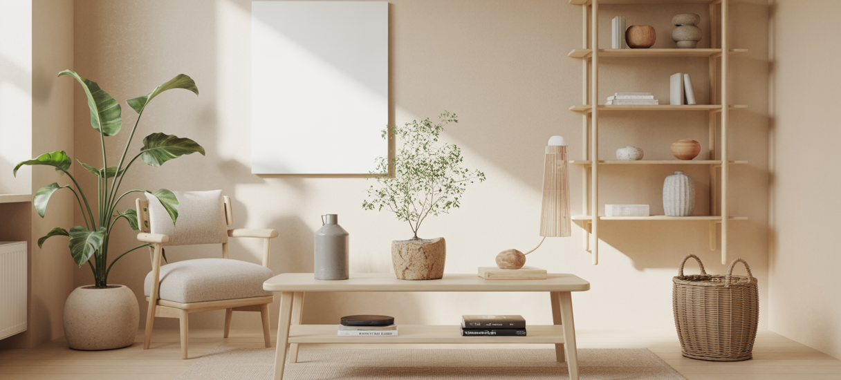 Illustration représentant un mode de vie minimaliste et désencombré favorisant une consommation responsable et durable, avec des objets simples, naturels et peu nombreux dans un intérieur épuré