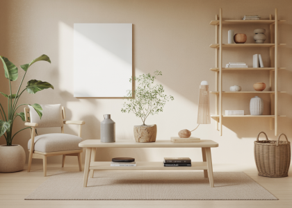 Illustration représentant un mode de vie minimaliste et désencombré favorisant une consommation responsable et durable, avec des objets simples, naturels et peu nombreux dans un intérieur épuré