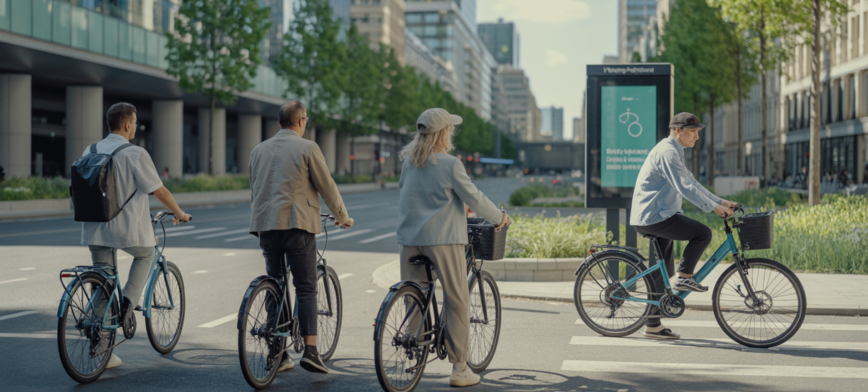 Personnes utilisant des vélos électriques dans un environnement urbain moderne avec des solutions de mobilité durable et alimentation végétale.