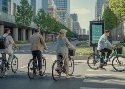 Personnes utilisant des vélos électriques dans un environnement urbain moderne avec des solutions de mobilité durable et alimentation végétale.