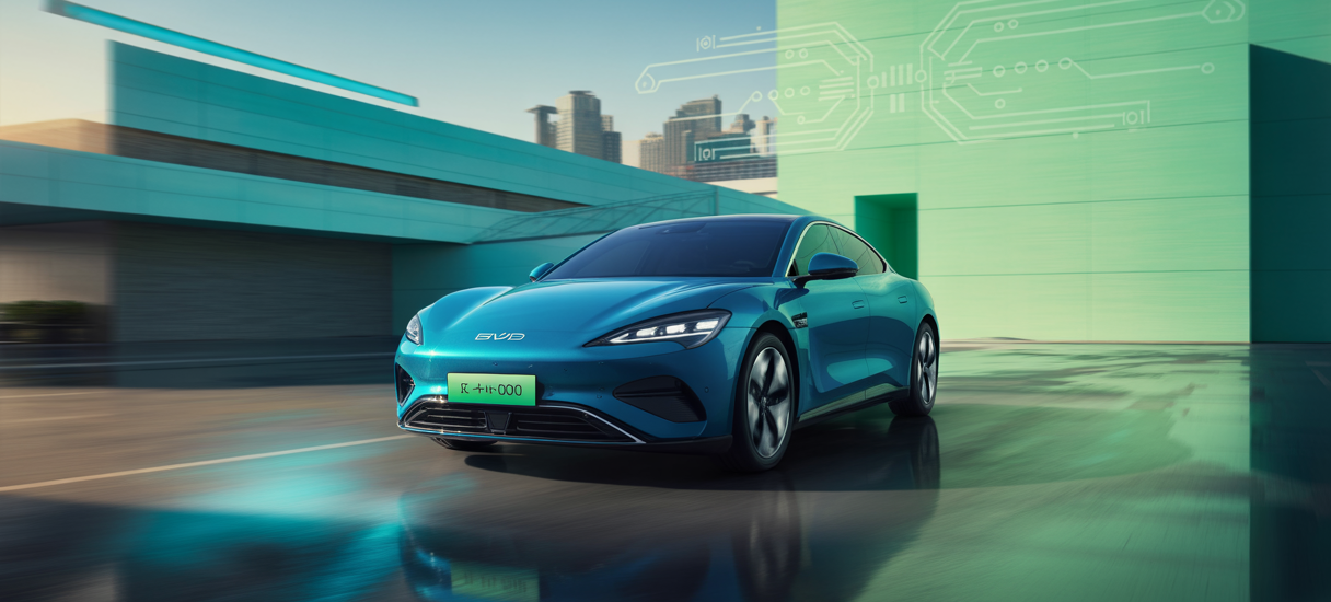 Voiture électrique BYD sur fond futuriste avec stratégie de mobilité durable