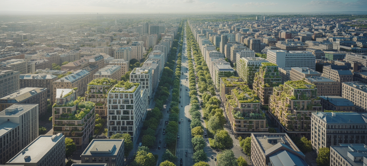 Vue aérienne d’une ville dense intégrant harmonieusement des espaces verts naturels au sein d’un paysage urbain moderne et durable
