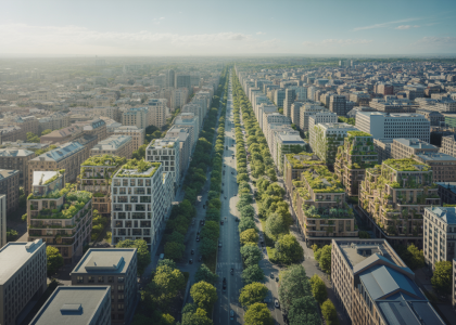 Vue aérienne d’une ville dense intégrant harmonieusement des espaces verts naturels au sein d’un paysage urbain moderne et durable