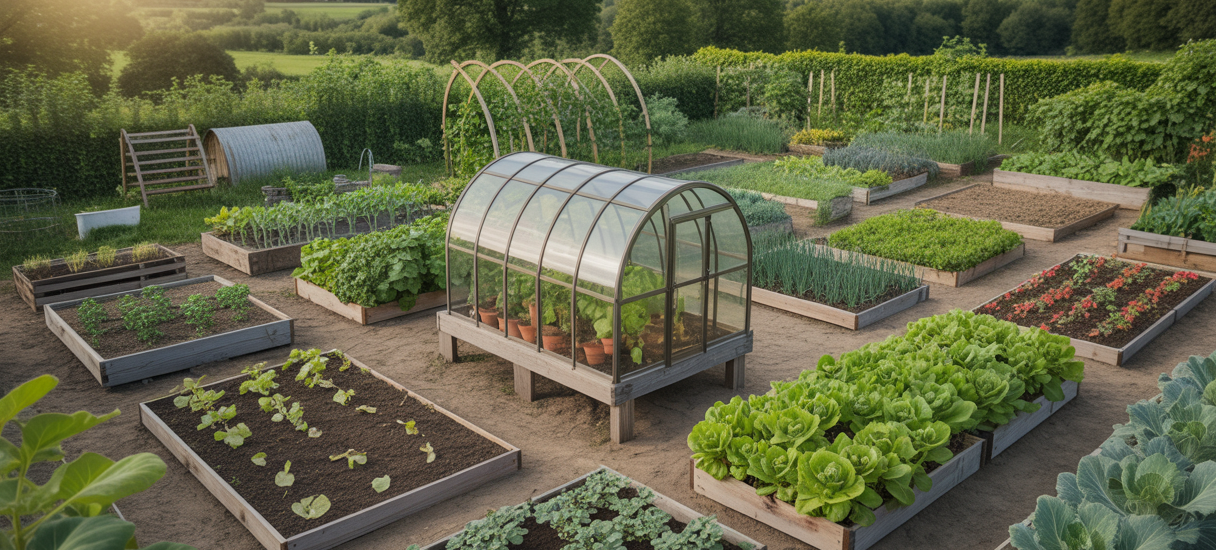 Potager en permaculture adapté à la chaleur avec paillage et serres froides sous un ciel ensoleillé