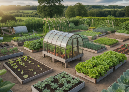 Potager en permaculture adapté à la chaleur avec paillage et serres froides sous un ciel ensoleillé