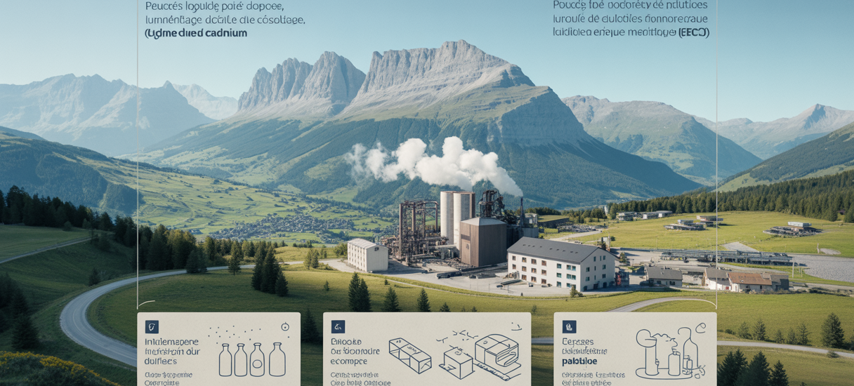 Paysage industriel en Savoie avec montagnes en arrière-plan, fumées d'usine et panneaux illustrant des initiatives de développement durable