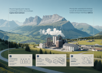 Paysage industriel en Savoie avec montagnes en arrière-plan, fumées d'usine et panneaux illustrant des initiatives de développement durable