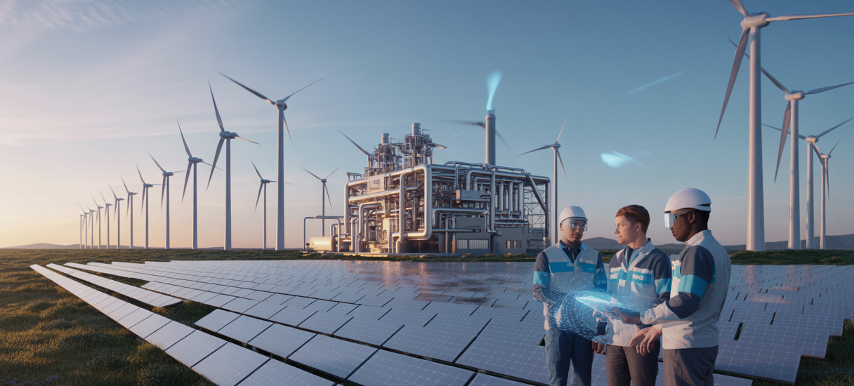 Illustration moderne montrant une installation innovante de production d'hydrogène renouvelable couplée à un parc d’éoliennes et panneaux solaires, symbolisant la transition énergétique décarbonée en 2025