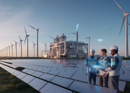 Illustration moderne montrant une installation innovante de production d'hydrogène renouvelable couplée à un parc d’éoliennes et panneaux solaires, symbolisant la transition énergétique décarbonée en 2025