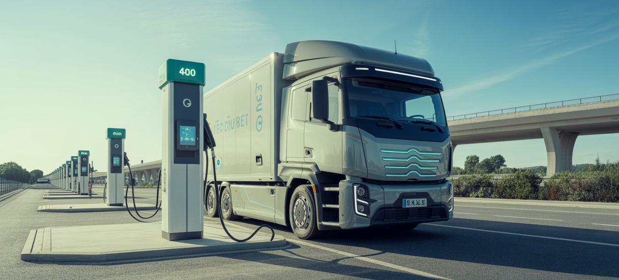 Camion électrique moderne en charge rapide sur une station dédiée d'autoroute en France en 2025, avec une infrastructure high-tech et un ciel dégagé