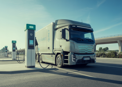Camion électrique moderne en charge rapide sur une station dédiée d'autoroute en France en 2025, avec une infrastructure high-tech et un ciel dégagé