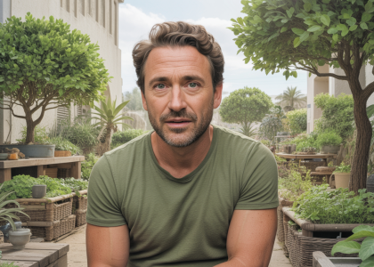 Portrait de Damien Dekarz expliquant la permaculture en vidéo avec un jardin luxuriant en arrière-plan