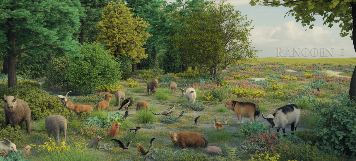 Illustration détaillée d'une zone de transition écologique montrant l'effet de bordure avec une biodiversité riche entre forêt et prairie, animaux variés et végétation en dégradé