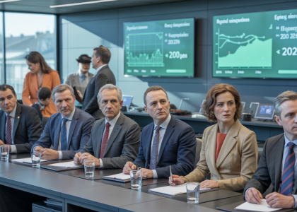 Illustration symbolique représentant les liens entre responsables politiques et entreprises énergétiques, avec des éléments visuels évoquant la transparence et la gouvernance énergétique en 2025