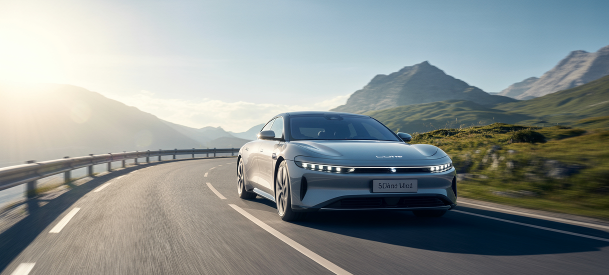 Voiture électrique Lucid Air Grand Touring en route dans un paysage montagneux, illustrant son record d'autonomie de 1 205 km sans recharge en 2025