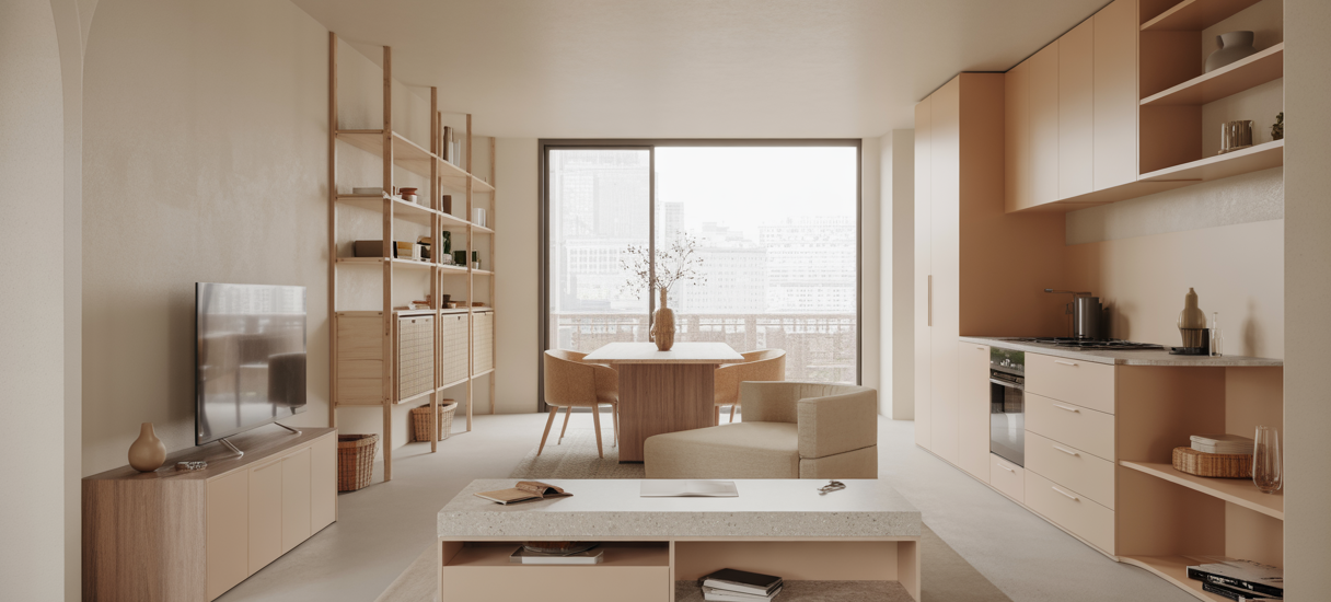 Intérieur domestique minimaliste et multifonctionnel en 2025 avec meubles modulables et ambiance zen
