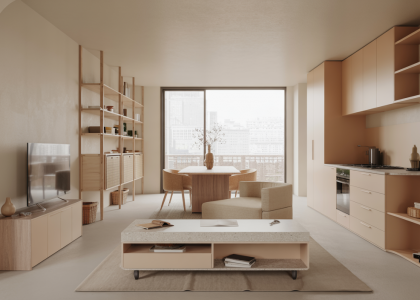 Intérieur domestique minimaliste et multifonctionnel en 2025 avec meubles modulables et ambiance zen