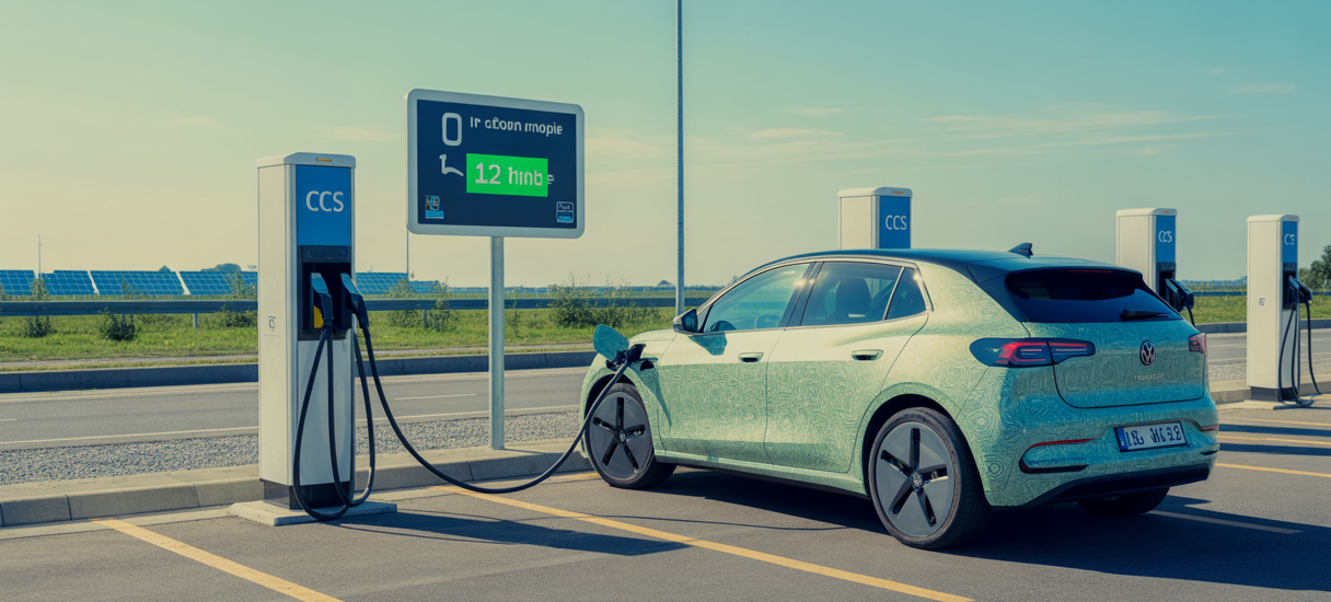 Bornes de recharge rapide pour véhicules électriques en 2025 avec affichage digital et véhicule électrique en train de se recharger sur autoroute