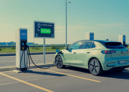 Bornes de recharge rapide pour véhicules électriques en 2025 avec affichage digital et véhicule électrique en train de se recharger sur autoroute