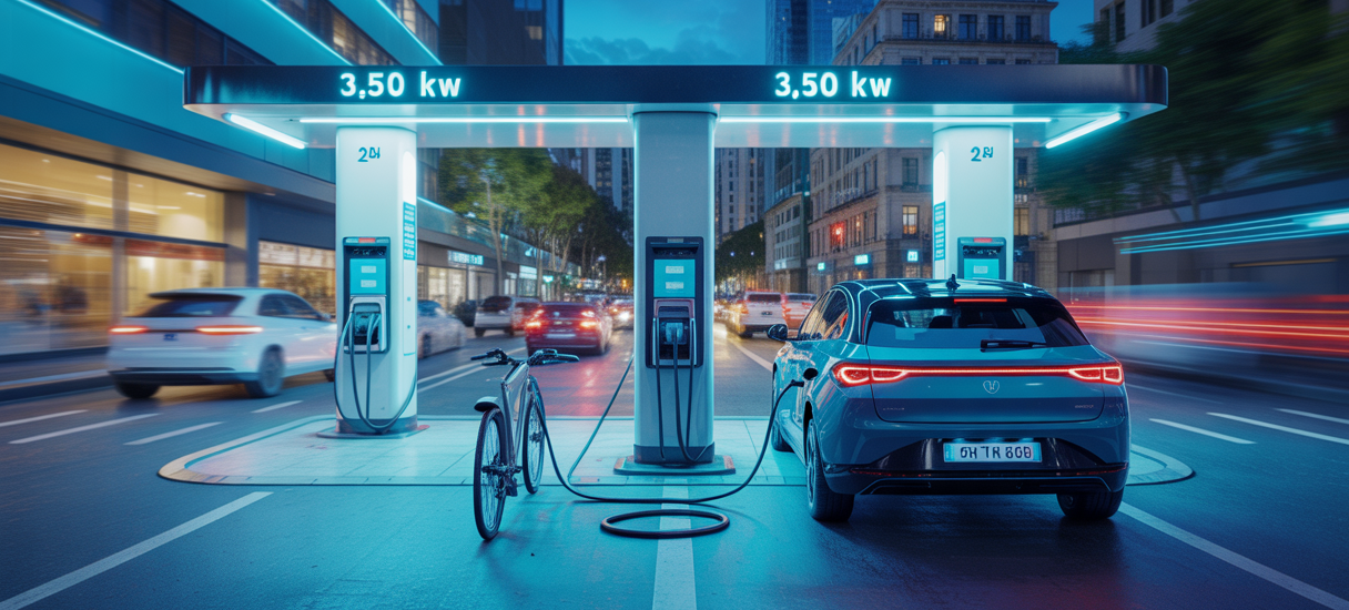 Scène de recharge ultra-rapide de véhicules électriques avec des bornes de 350 kW, dans un environnement urbain dynamique