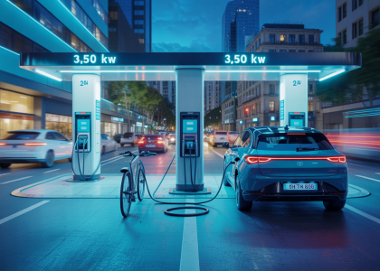 Scène de recharge ultra-rapide de véhicules électriques avec des bornes de 350 kW, dans un environnement urbain dynamique