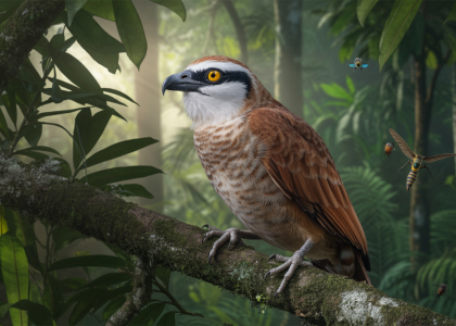Chouette à lunettes perchée sur une branche dans une forêt verdoyante, chassant naturellement les rongeurs et insectes pour maintenir l'équilibre écologique