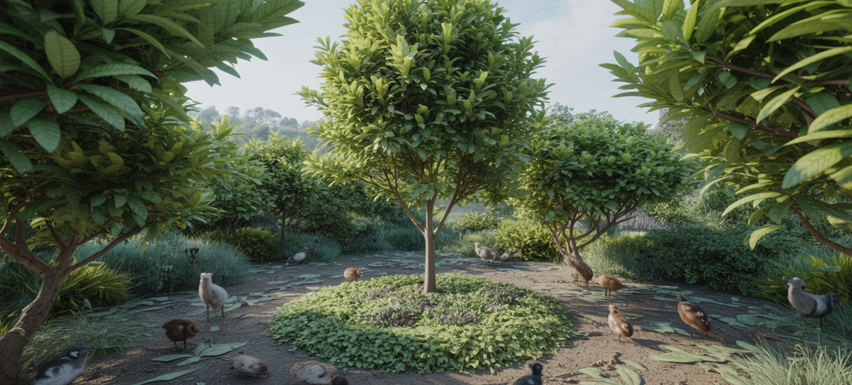 Buisson de ronces dense protégeant un jeune arbre fruitier dans un jardin en permaculture, avec une faune variée autour et un sol riche en humus