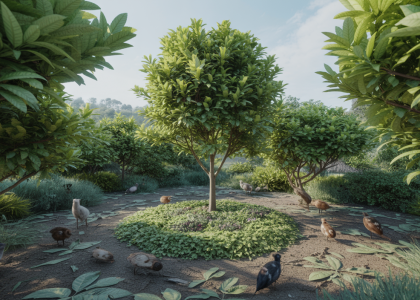 Buisson de ronces dense protégeant un jeune arbre fruitier dans un jardin en permaculture, avec une faune variée autour et un sol riche en humus