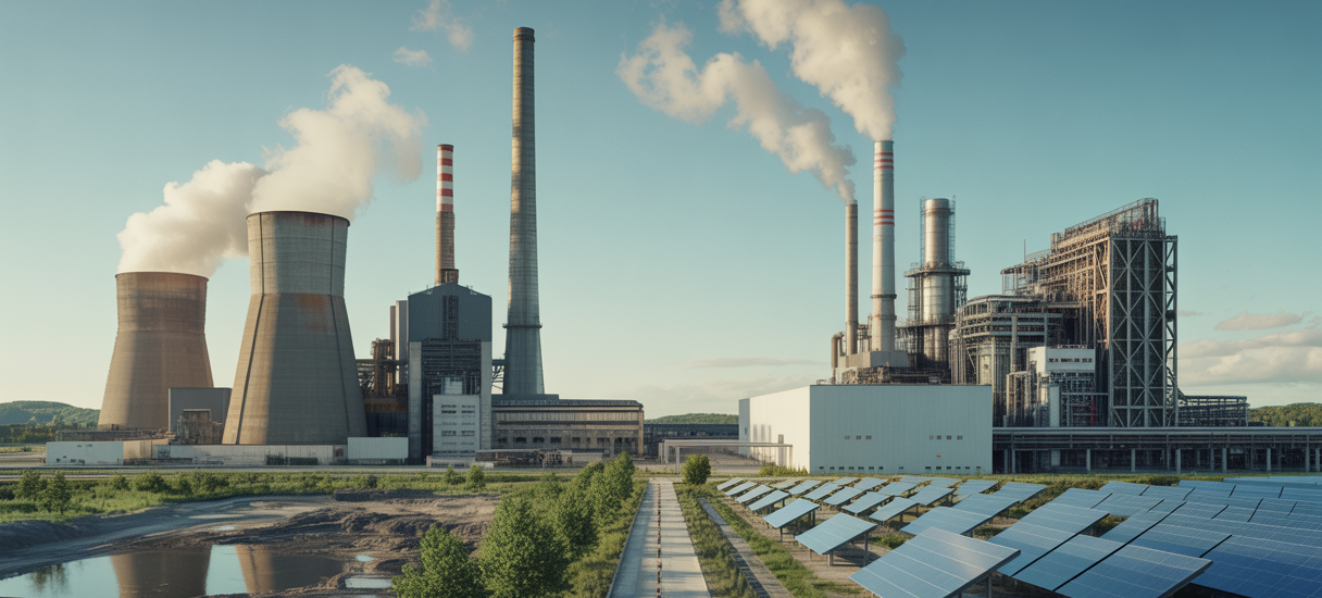 Illustration symbolique représentant la transition énergétique avec une centrale à charbon en réduction, une installation gazière utilisant du gaz vert, et des panneaux solaires en arrière-plan sous un ciel clair évoquant un futur durable