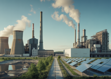 Illustration symbolique représentant la transition énergétique avec une centrale à charbon en réduction, une installation gazière utilisant du gaz vert, et des panneaux solaires en arrière-plan sous un ciel clair évoquant un futur durable