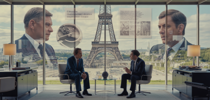 Illustration symbolique représentant les liens entre politique et entreprises énergétiques en France avec des éléments éthiques et de gouvernance